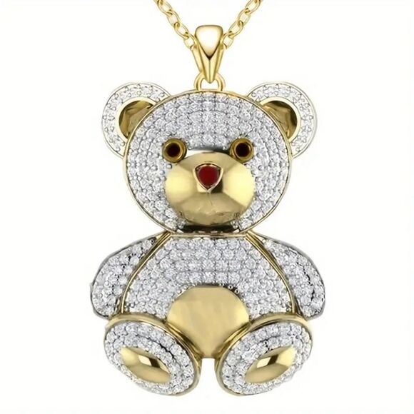 Cute Faux Diamond Bear Pendant Necklace - Picture 2 of 5